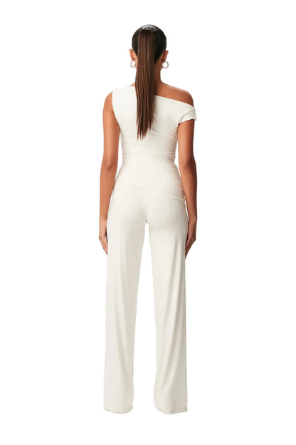 Asymmetric One-Shoulder Top with Ruched Waist and Slip-On Design