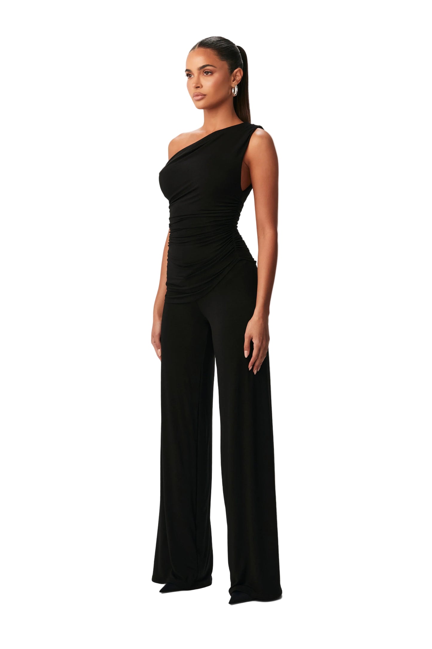 Asymmetric One-Shoulder Top with Ruched Waist and Slip-On Design