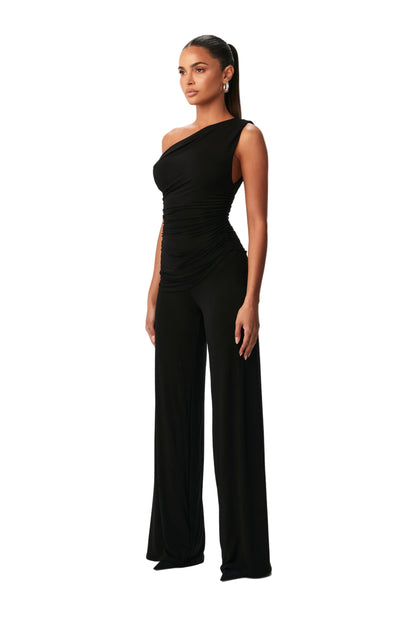 Asymmetric One-Shoulder Top with Ruched Waist and Slip-On Design