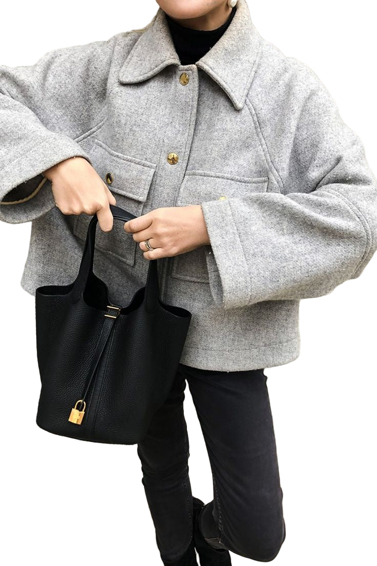 Structured Pebbled Bucket Bag with Gold-Tone Lock Closure