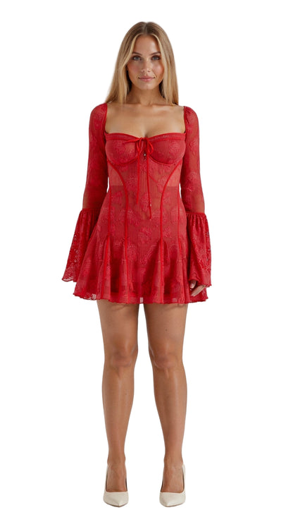 Lace Bell Sleeve Mini Dress with Square Neckline