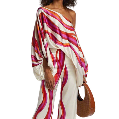 Off-Shoulder Batwing Top and Wide-Leg Pants Set with Wave Print and Satin Finish