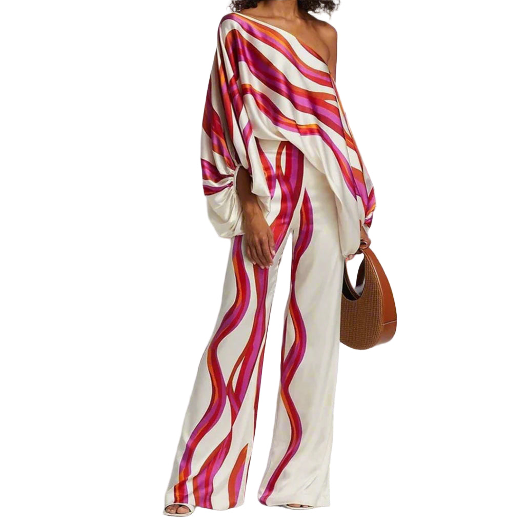 Off-Shoulder Batwing Top and Wide-Leg Pants Set with Wave Print and Satin Finish