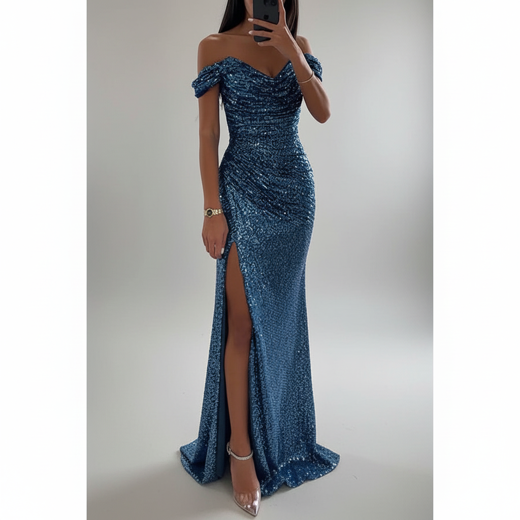 Glittery Off Shoulder Maxi Dress with Sweetheart Neckline and Thigh Slit