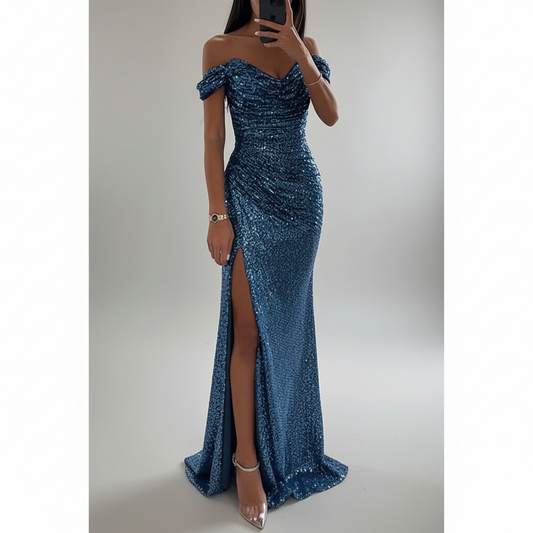 Glittery Off Shoulder Maxi Dress with Sweetheart Neckline and Thigh Slit