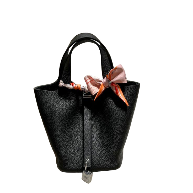 Structured Pebbled Bucket Bag with Gold-Tone Lock Closure