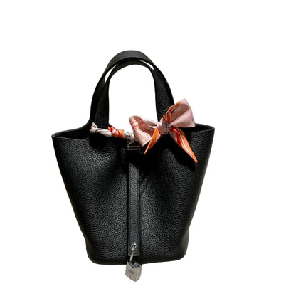 Structured Pebbled Bucket Bag with Gold-Tone Lock Closure