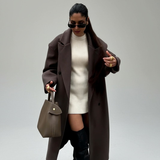 Long Wool Coat with Notched Lapels and Button Front Closure