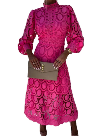 Midi Lace Dress with Cinched Waist and Puffed Long Sleeves