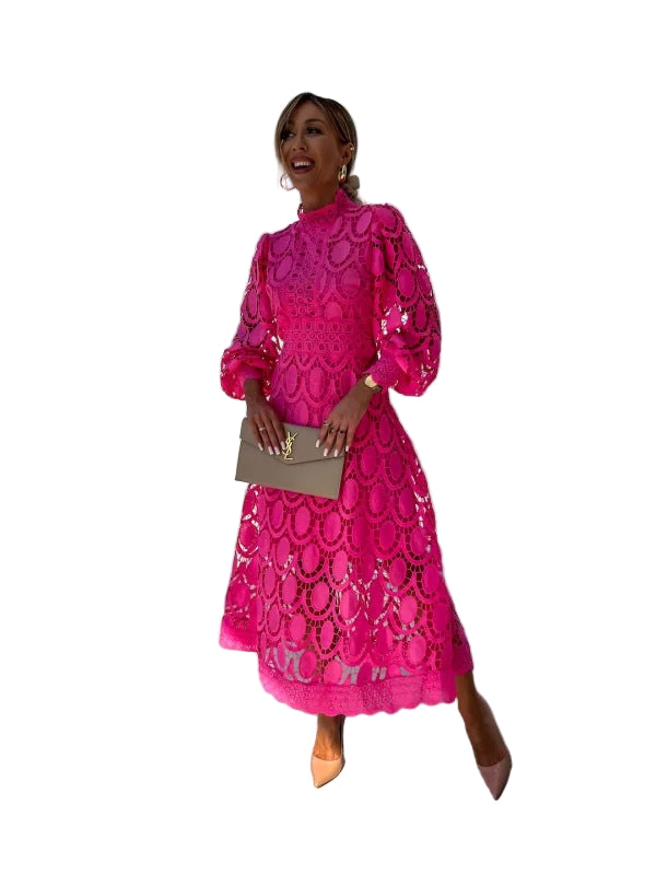 Midi Lace Dress with Cinched Waist and Puffed Long Sleeves