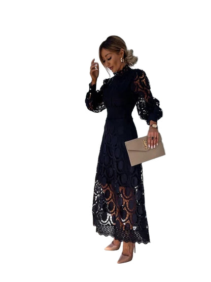 Midi Lace Dress with Cinched Waist and Puffed Long Sleeves