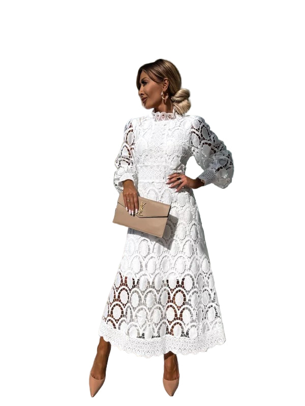 Midi Lace Dress with Cinched Waist and Puffed Long Sleeves