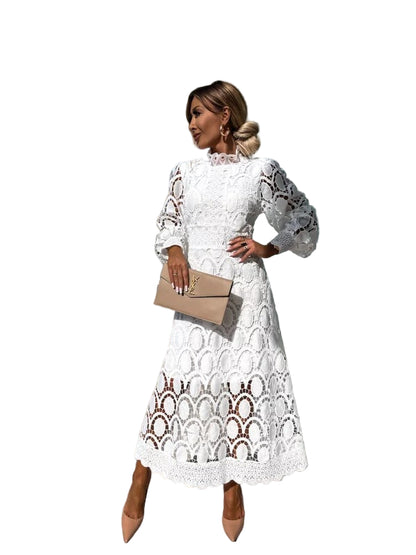 Midi Lace Dress with Cinched Waist and Puffed Long Sleeves