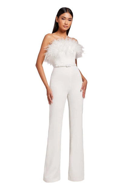 Strapless Feather-Trim Belted Wide-Leg Jumpsuit