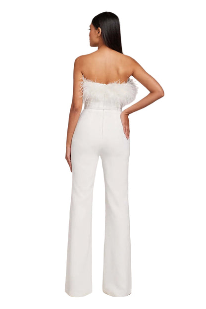Strapless Feather-Trim Belted Wide-Leg Jumpsuit