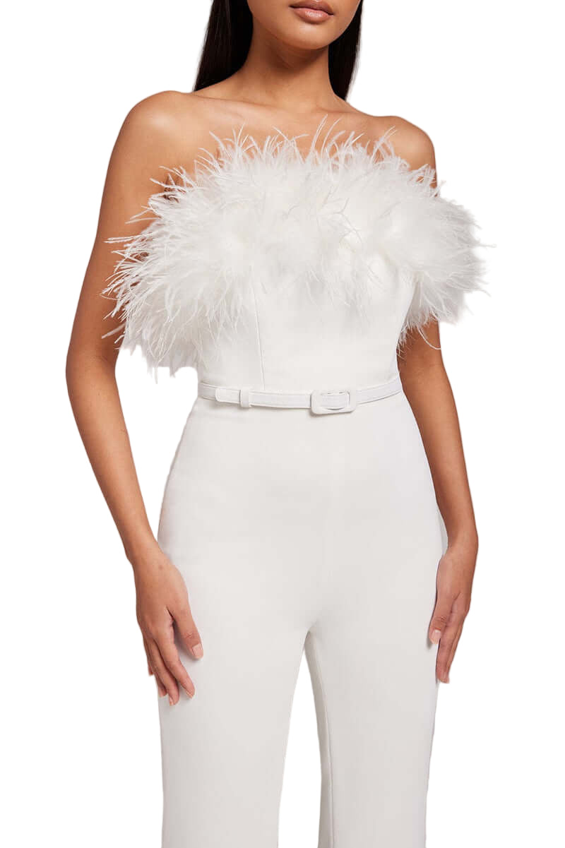 Strapless Feather-Trim Belted Wide-Leg Jumpsuit