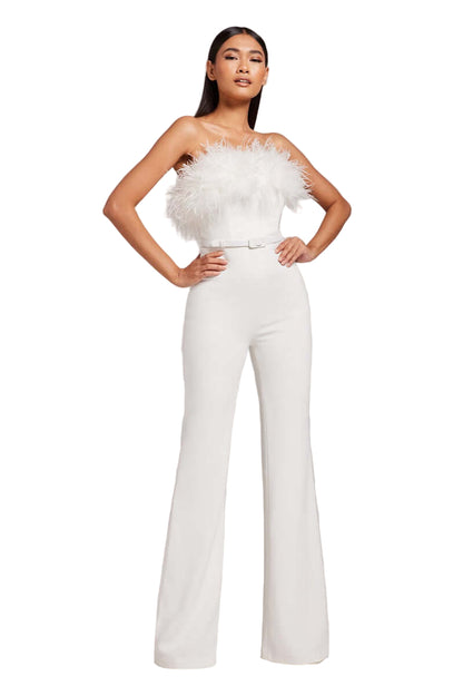 Strapless Feather-Trim Belted Wide-Leg Jumpsuit