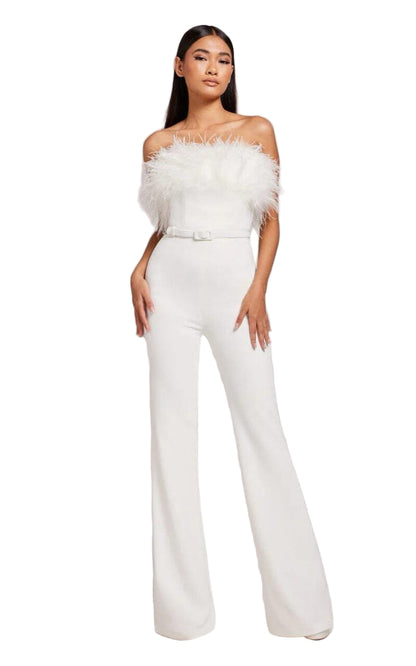 Strapless Feather-Trim Belted Wide-Leg Jumpsuit