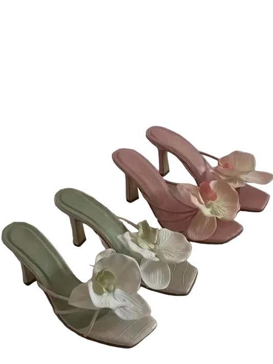 Square-Toe Slip-On Shoes with Sculpted Block Heel and Orchid Embellishment