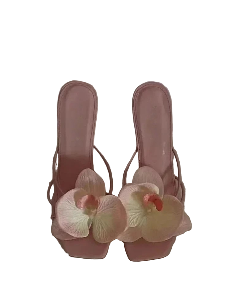 Square-Toe Slip-On Shoes with Sculpted Block Heel and Orchid Embellishment