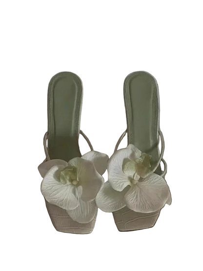 Square-Toe Slip-On Shoes with Sculpted Block Heel and Orchid Embellishment