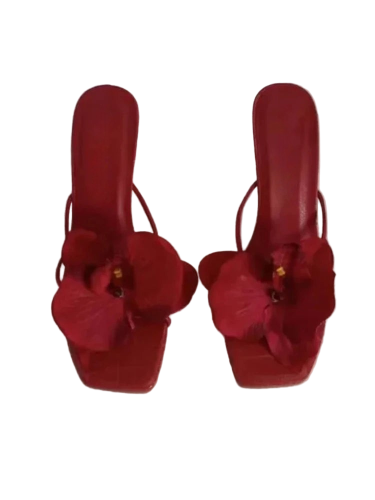 Square-Toe Slip-On Shoes with Sculpted Block Heel and Orchid Embellishment