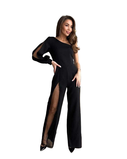 One-Shoulder Sequin Mesh Panel Flared Jumpsuit