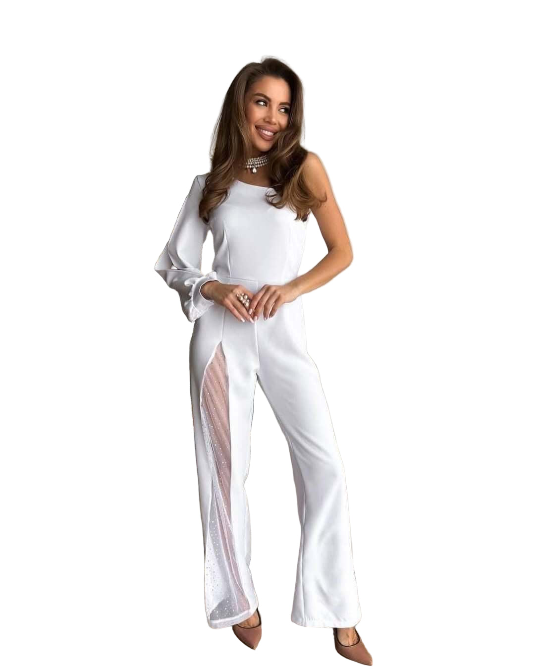 One-Shoulder Sequin Mesh Panel Flared Jumpsuit