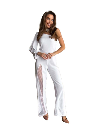 One-Shoulder Sequin Mesh Panel Flared Jumpsuit