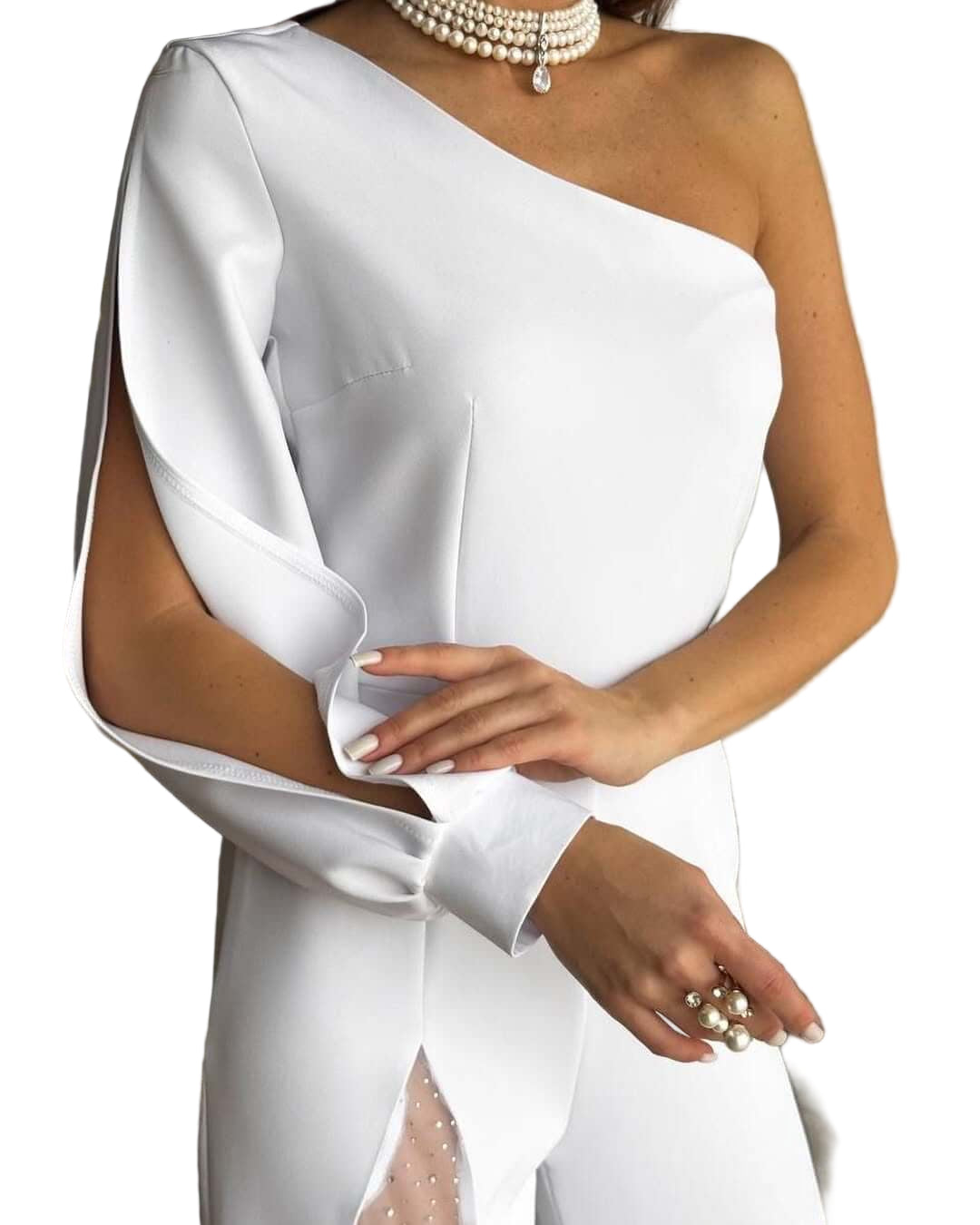 One-Shoulder Sequin Mesh Panel Flared Jumpsuit