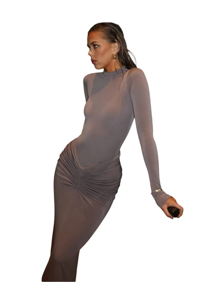 Ruched Long-Sleeve Mock-Neck Maxi Dress in Stretch Knit