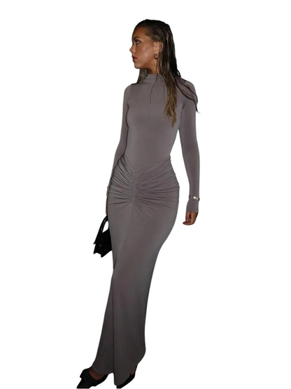 Ruched Long-Sleeve Mock-Neck Maxi Dress in Stretch Knit