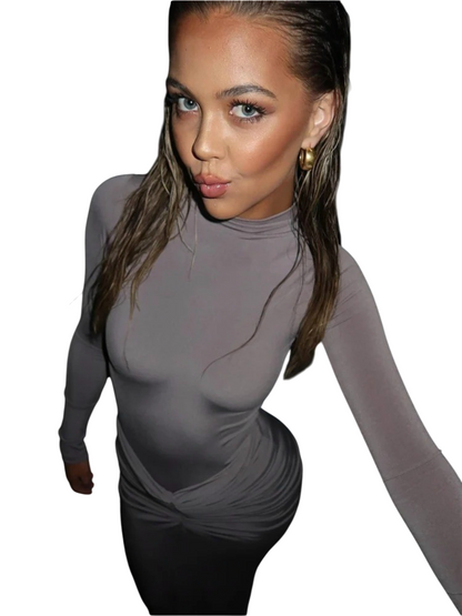 Ruched Long-Sleeve Mock-Neck Maxi Dress in Stretch Knit