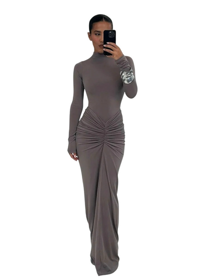 Ruched Long-Sleeve Mock-Neck Maxi Dress in Stretch Knit