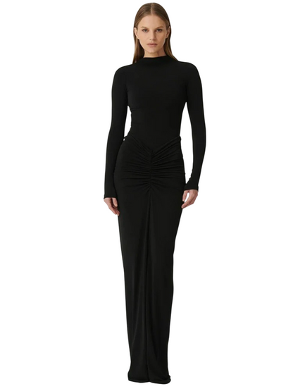 Ruched Long-Sleeve Mock-Neck Maxi Dress in Stretch Knit