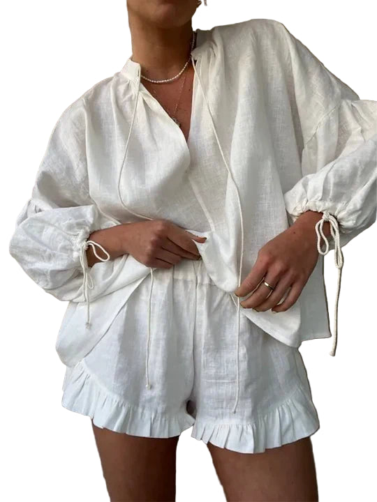 Two-Piece Blouse and High-Waist Shorts Set with Ruffle Details