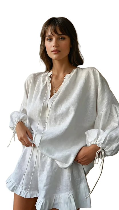 Two-Piece Blouse and High-Waist Shorts Set with Ruffle Details