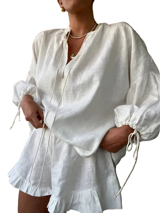 Two-Piece Blouse and High-Waist Shorts Set with Ruffle Details