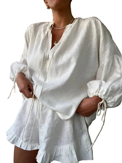 Two-Piece Blouse and High-Waist Shorts Set with Ruffle Details