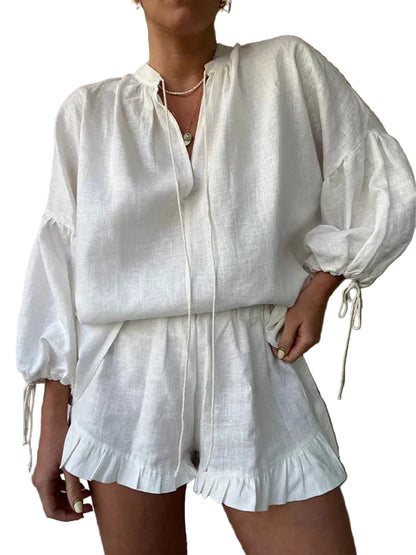 Two-Piece Blouse and High-Waist Shorts Set with Ruffle Details