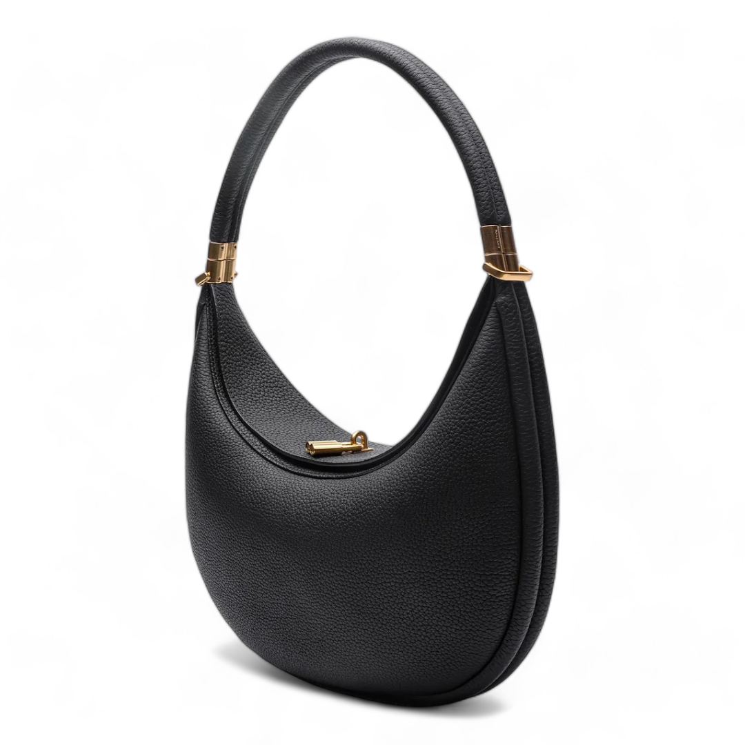 Crescent-Shaped Structured Bag with Pebbled Texture and Gold-Tone Top Bar Clasp