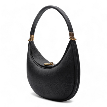 Crescent-Shaped Structured Bag with Pebbled Texture and Gold-Tone Top Bar Clasp