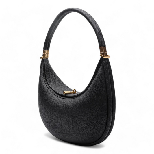 Crescent-Shaped Structured Bag with Pebbled Texture and Gold-Tone Top Bar Clasp