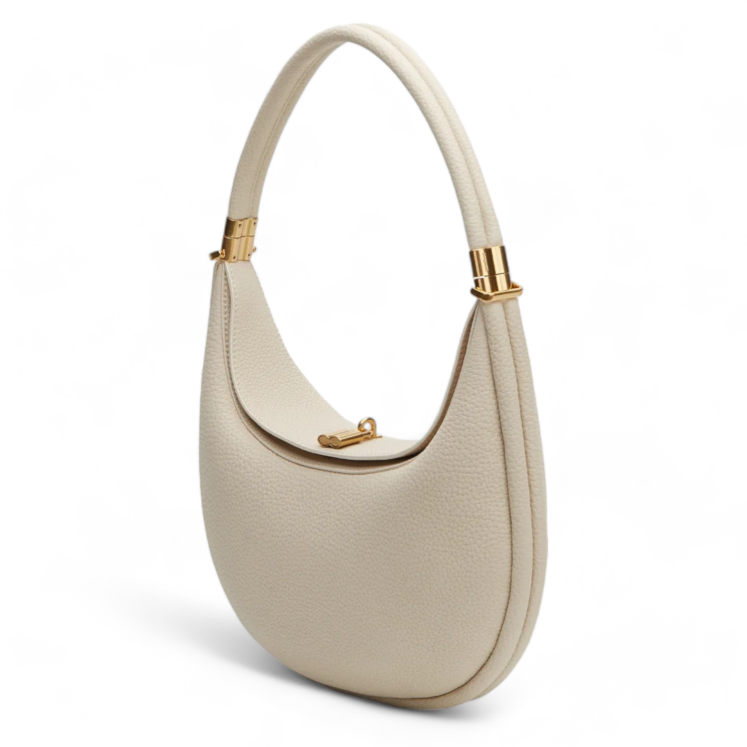 Crescent-Shaped Structured Bag with Pebbled Texture and Gold-Tone Top Bar Clasp