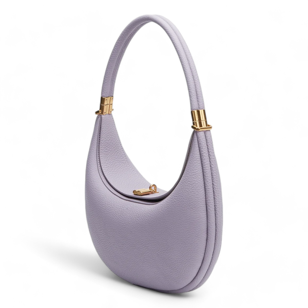 Crescent-Shaped Structured Bag with Pebbled Texture and Gold-Tone Top Bar Clasp
