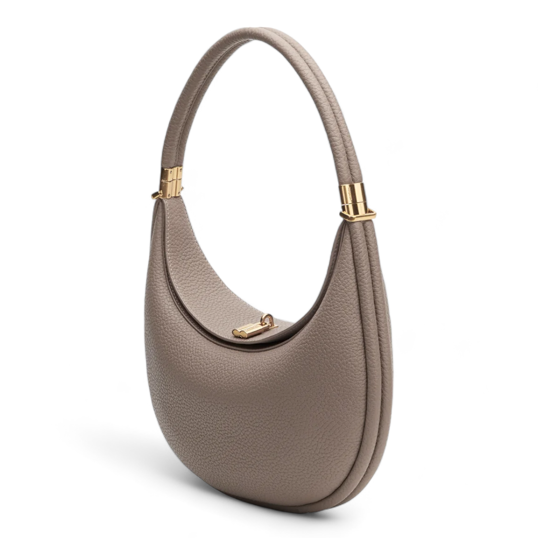 Crescent-Shaped Structured Bag with Pebbled Texture and Gold-Tone Top Bar Clasp