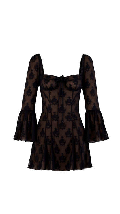 Lace Bell Sleeve Mini Dress with Square Neckline