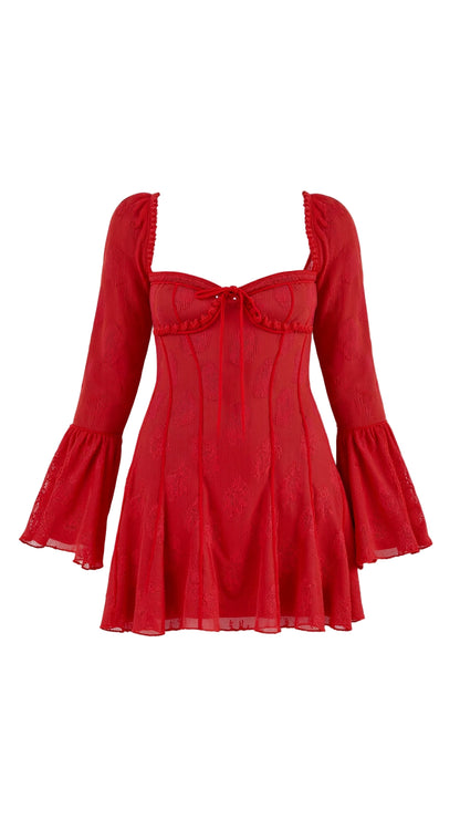 Lace Bell Sleeve Mini Dress with Square Neckline