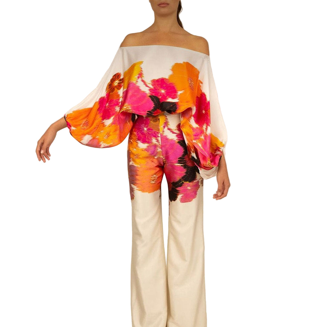 Off-Shoulder Batwing Top and Wide-Leg Pants Set with Wave Print and Satin Finish