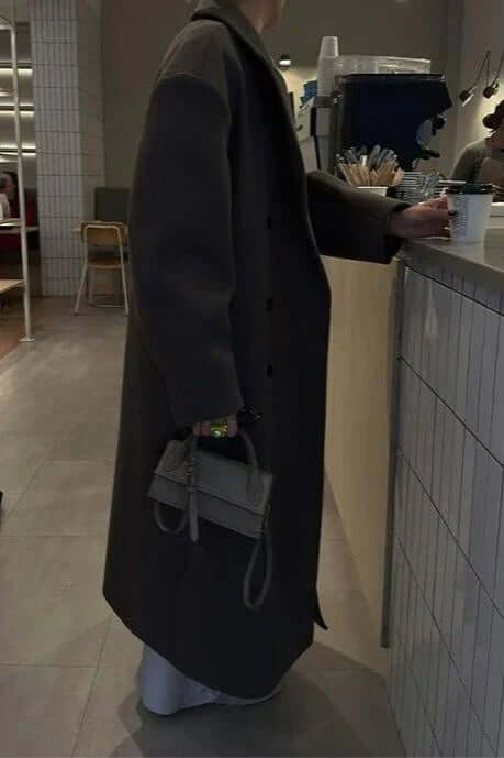 Long Wool Coat with Notched Lapels and Button Front Closure